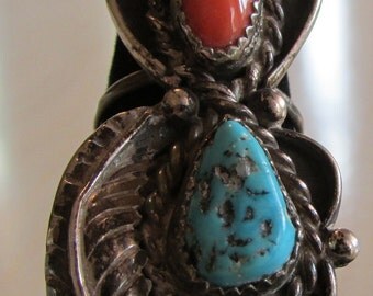 Sterling Silver Coral and Turquoise Navajo Ring Size 7 1/2