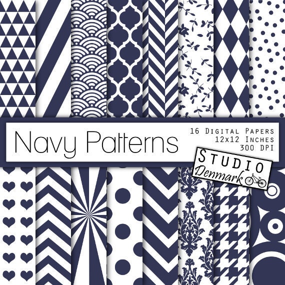 Navy Patterns Digital Paper – Navy Blue Patterned Backgrounds – Dark Blue & Ivory Chevron