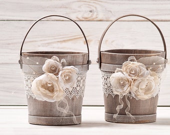 Flower Girl Baskets Two Ivory Flower Girl Baskets Rustic Wedding Buckets Lace and Roses Flower Girl Basket Set