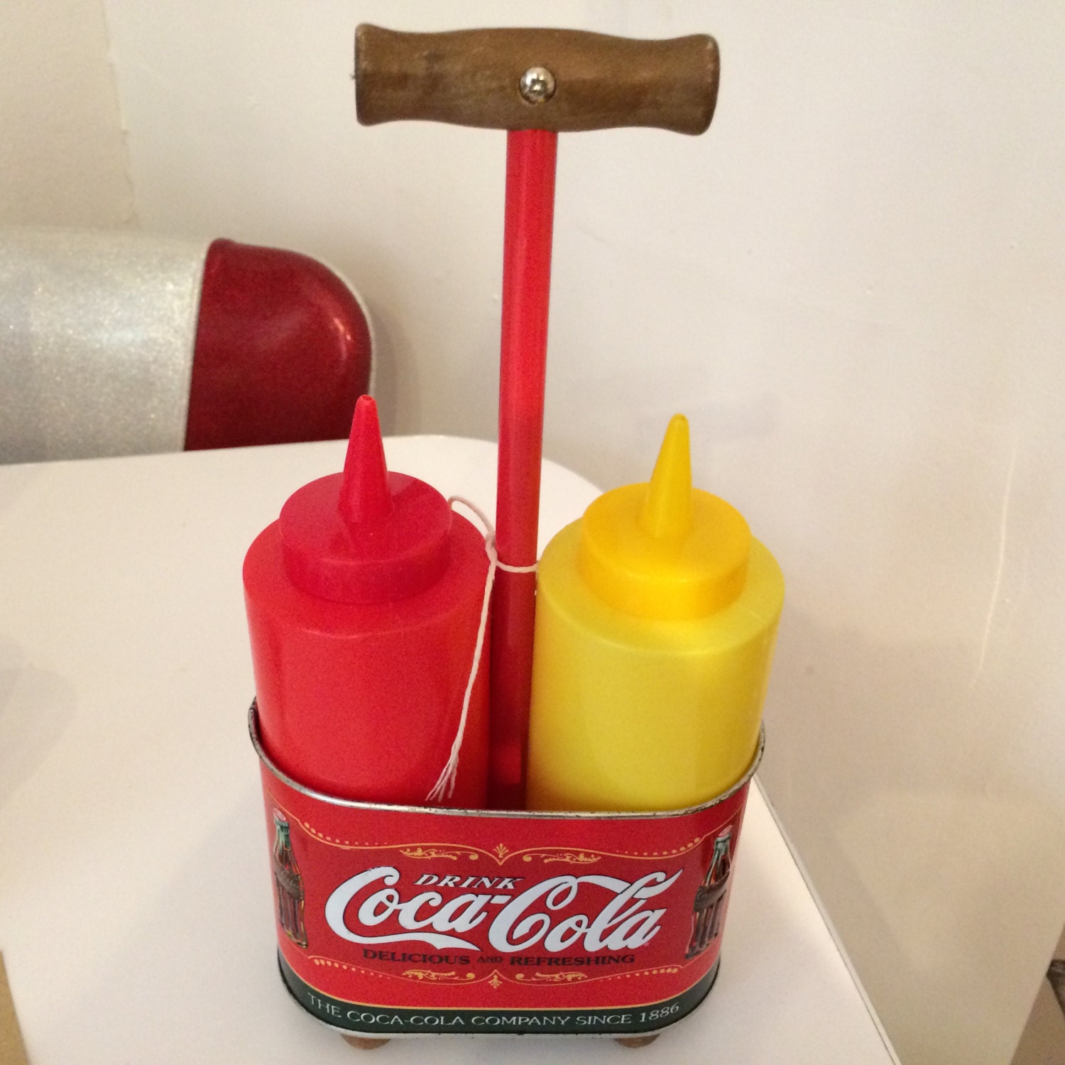 American Diner Style Mustard and Ketchup Holder Branded Coca Cola Haute Juice