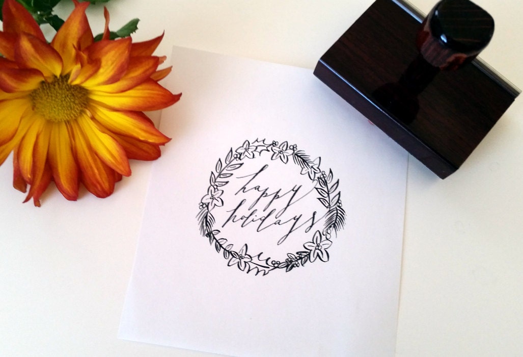 Hand Calligraphy Wreath "Happy Holidays" Rubber Stamp