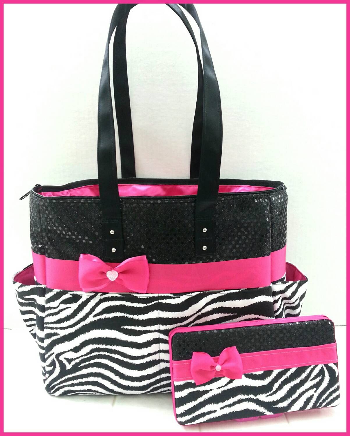 Zebra Diaper Bag. Hot Pink. Black Sequin. Bow. Tote Wipe