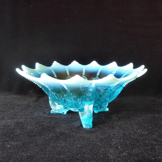 Opalescent Blue Glass Bowl Northwood Leaf by KenFrankCollectibles