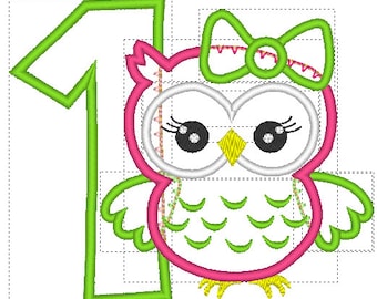 Owl Embroidery design, Owl Embroidery Applique, 1st birthday embroidery design, Owl 1st Birthday, Cute Girl Owl machine embroidery