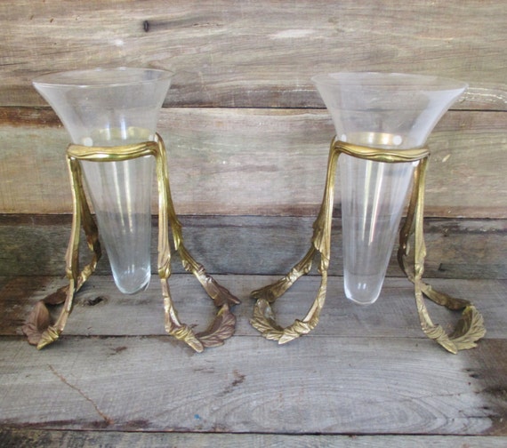 Vintage Glass and Brass Vases Pair of by TheDustyOldShack on Etsy