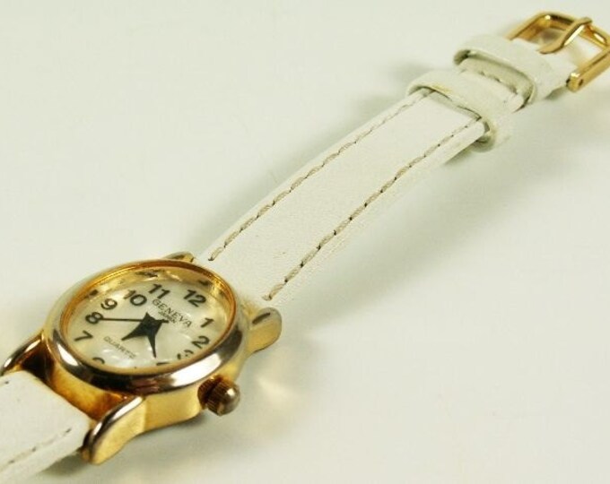 Storewide 25% Off SALE Ladies Vintage Geneva Mother Of Pearl Style Quartz Watch Featuring a White Leather Band & Gold Tone Accents