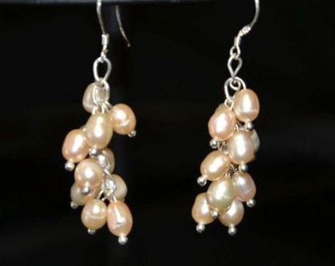 Storewide 25% Off SALE Vintage Genuine Pink Akoya Pearl Chandelier Drop Earrings Set In Sterling Silver Featuring Beautiful Cluster Design