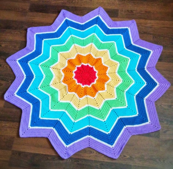 Rainbow 12 Point Round Ripple Crochet Afghan Star Toddler Baby