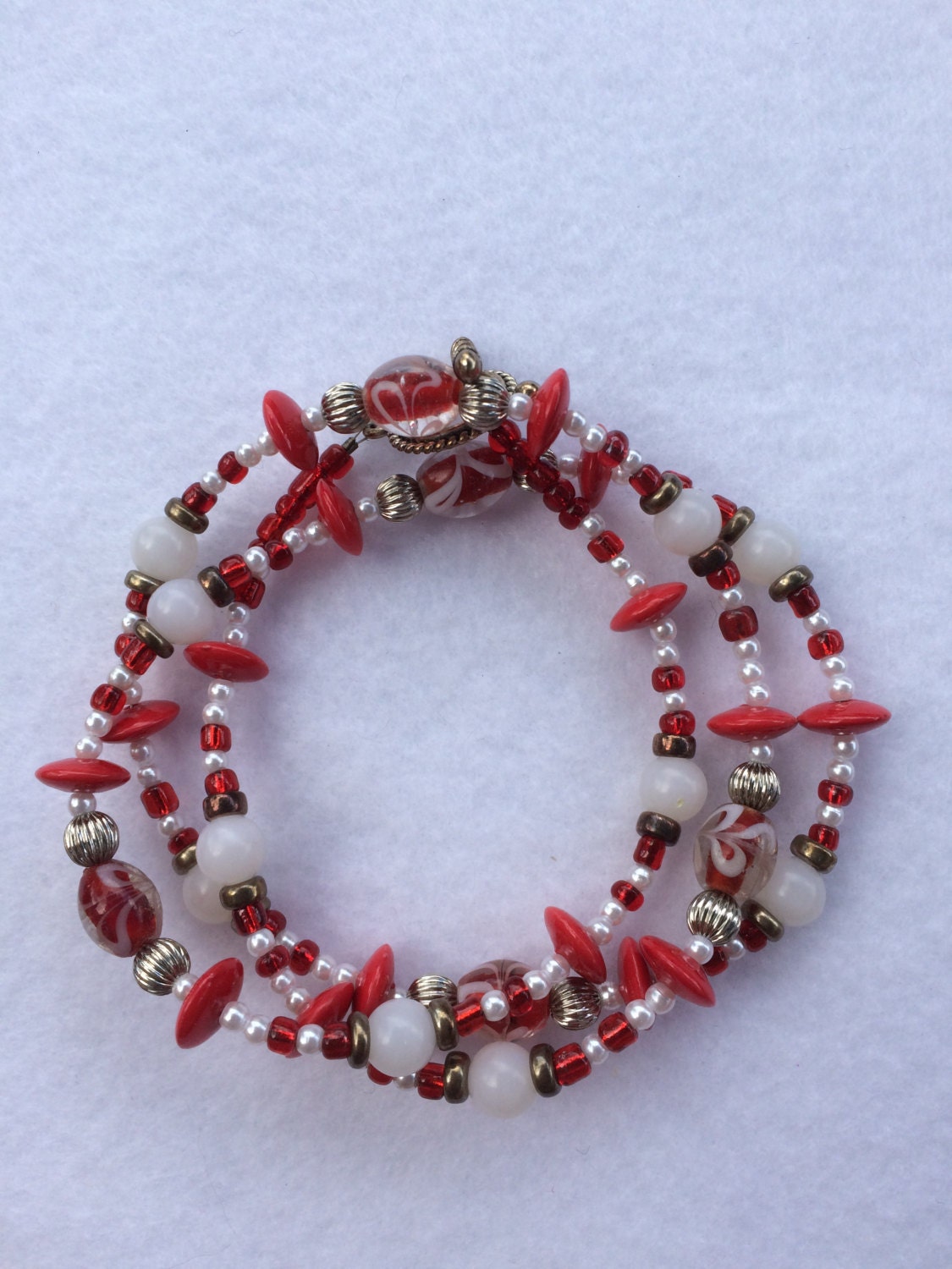 Red and White Beaded Necklace with Silver Accents