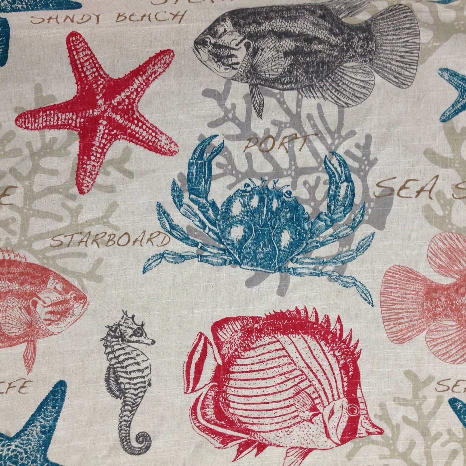 Sea Life Fabric Red and Turquoise Coastal Fabric Beach