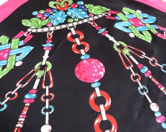 Cartier silk scarf. Black and pink scarf. Art Deco jewelry pattern. Must de Cartier