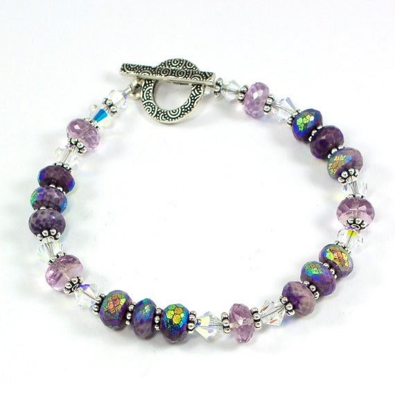 Handmade OOAK Bracelet Sugilite Pink Amethyst Swarovski AB Silver With Decorative Toggle Clasp