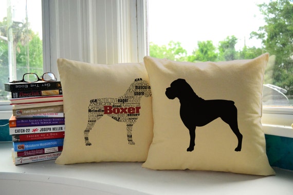 Boxer Throw Pillows - Typography Dog Silhouette Pillow Covers and or Cushions, Boxer Pillows, Dog Breed Pillow, Boxer Print, Dog Print Decor