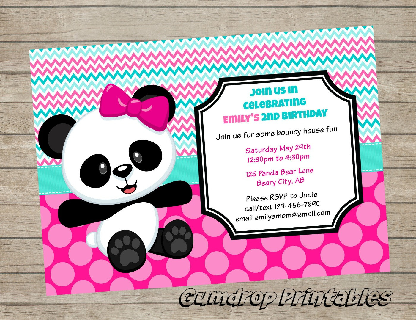 Cute Panda Bear Printable Birthday Invitation Personalized