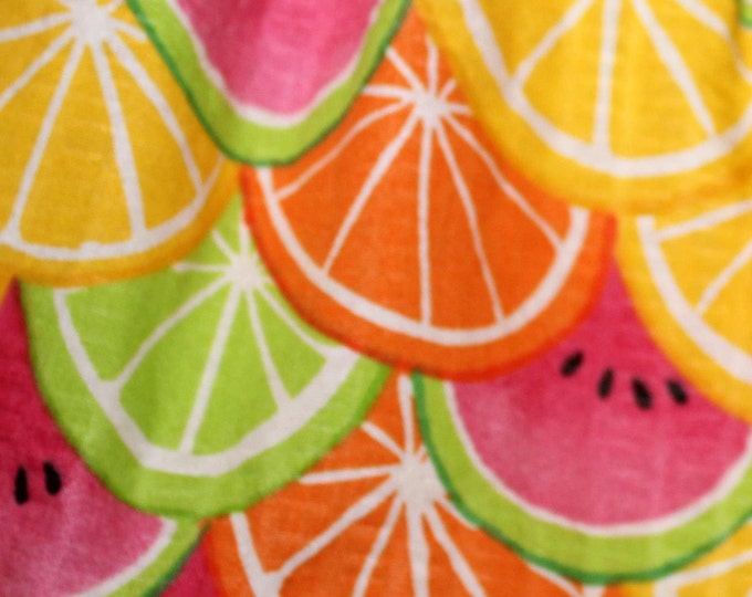 HALF PRICE ** Girl's Size 1 Ruffled Sundress with panty and purse. Watermelon, Lemon, Lime & Orange Seersucker. Lined, with bottom ruffle.