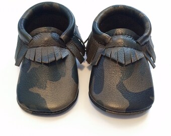 Baby Moccasins, Toddler Moccasins, Camo Leather Moccasins - Baby Boy Leather Shoes, Crib Moccasins