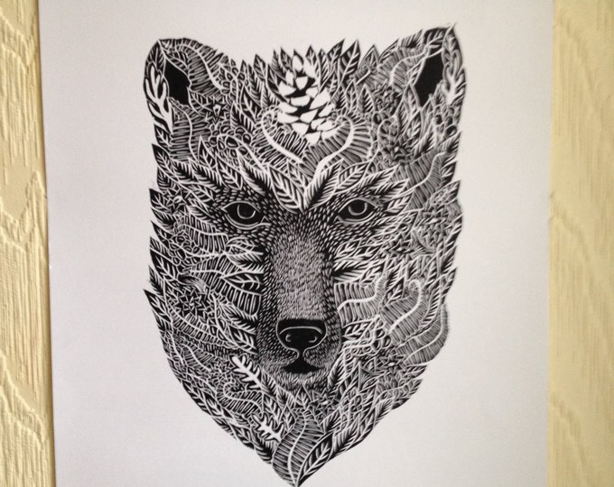 Bear Print | A2 Linocut Forest Nature Block Illustration Original