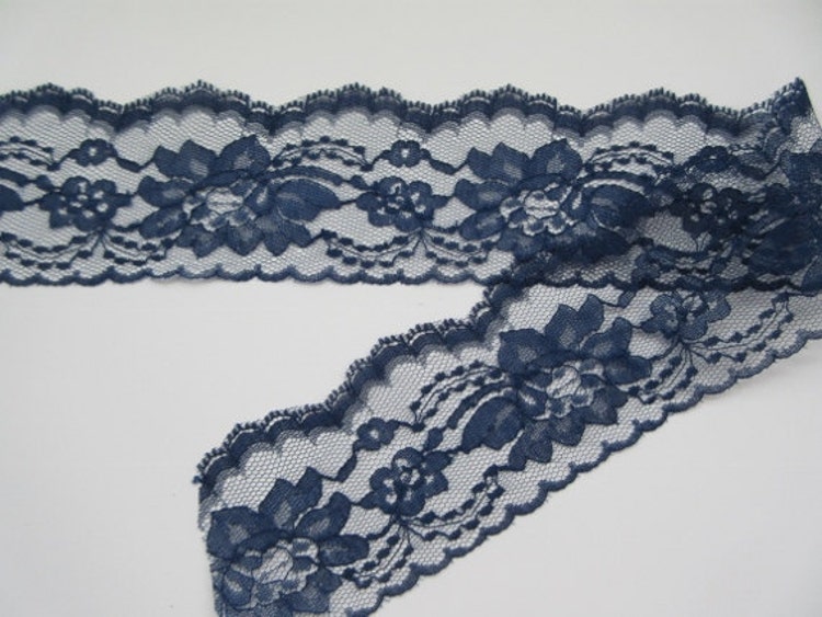 Navy Lace Trim Ribbon 3 inch wide Blue Floral by DanJSupplies