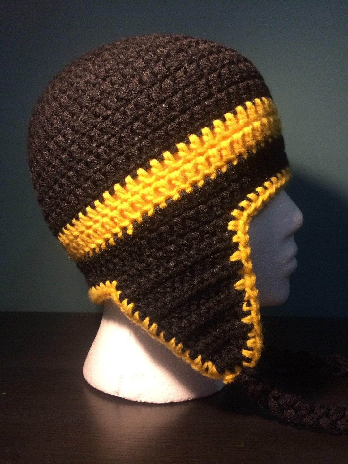 Crochet Mens Earflap Hat done in Black with Colored Stripe of