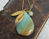 Jewelry, pendant, large amazonite stone, gold plated brass leaves and chain ...  turquoise blue, brown .. TAGT  USD 55