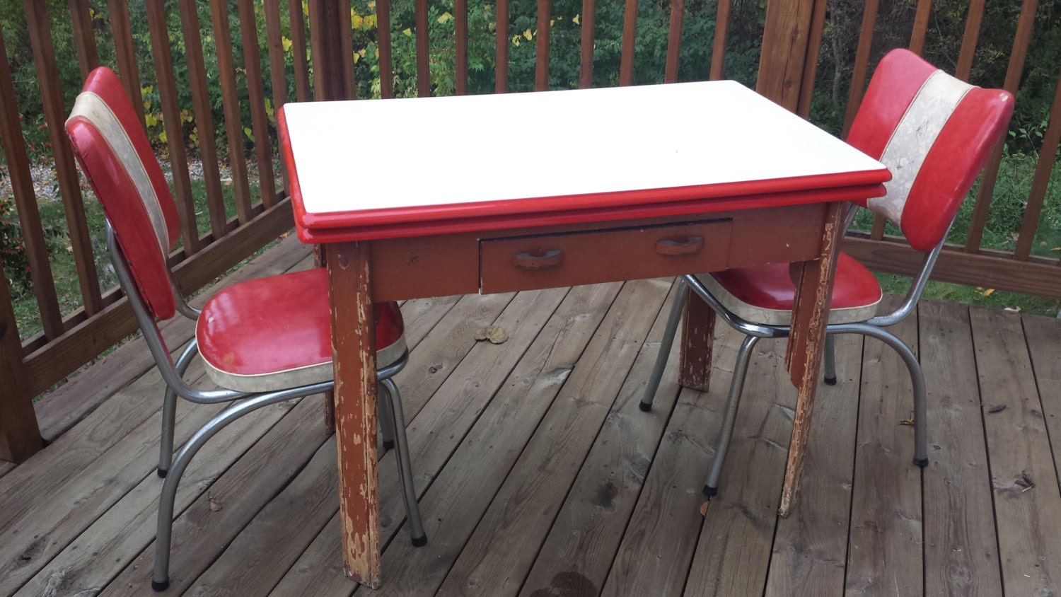 Vintage Porcelain Top Table and Fire Krome Chairs 1950s