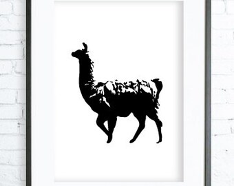 Black Llama, Instant Download Printable,Llama art, digital art, Llama Print, black and white