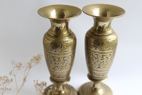 SALE Vintage Indian Brass Vase Pair. India Floral Bohemian