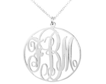 Thanksgiving Gift,Circle Monogram Necklace,1.75 inch Silver Script Necklace,Three Letters Nameplate Charm,Large Monogrammed Gift