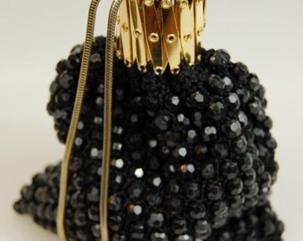 Vintage 60's Black Beaded Gate Top Accordian Purse Bag Wristlet 559