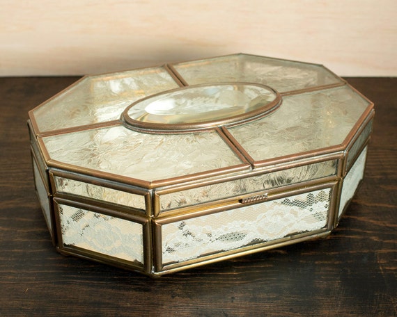 Glass and Brass Jewelry Box Glass Box with Mirrored Base and