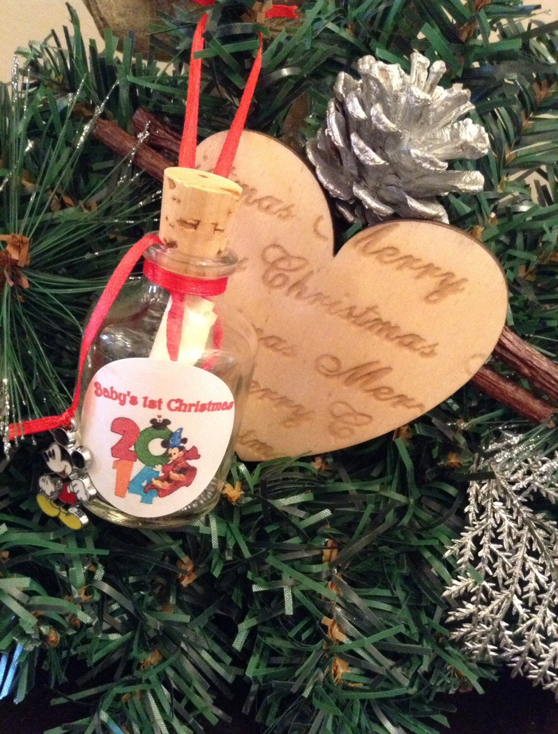 Personalised Minnie Mouse Mickey Mouse baby's first Christmas tree decoration ornament bauble gift present card poem