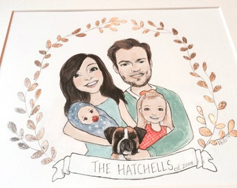 Custom Family Portrait Illustration with Silver Leaf Crest