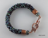 Green Kumihimo, Handmade Beaded Single Strand Bracelet, Toho Seed Beads, Agate, Goldstone, Antique Copper Flower Toggle clasp, Gift Idea