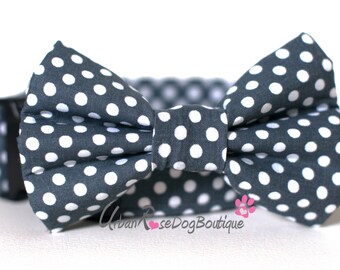 BOSTON: Designer Polka Dark Grey and White Dots Dog Collar & Bow Tie Set Urban Rose Dog Boutique #dogcollar #bowtie #wedding #Urbanrose