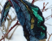 Bracelet: black blue green pink and gold nuno felted silk and merino wool beaded cuff wrist warmer with adjustable brass clasp Boho style