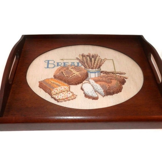 Wood Carrying Tray with Cross Stitch Picture Sudberry House