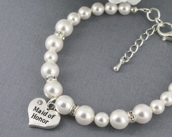 Maid of Honor Bracelet, Swarovski Bracelet, Bridal Party Jewelry, Maid of Honor Gifts, Available in White or Cream, Maid of Honor Jewlery