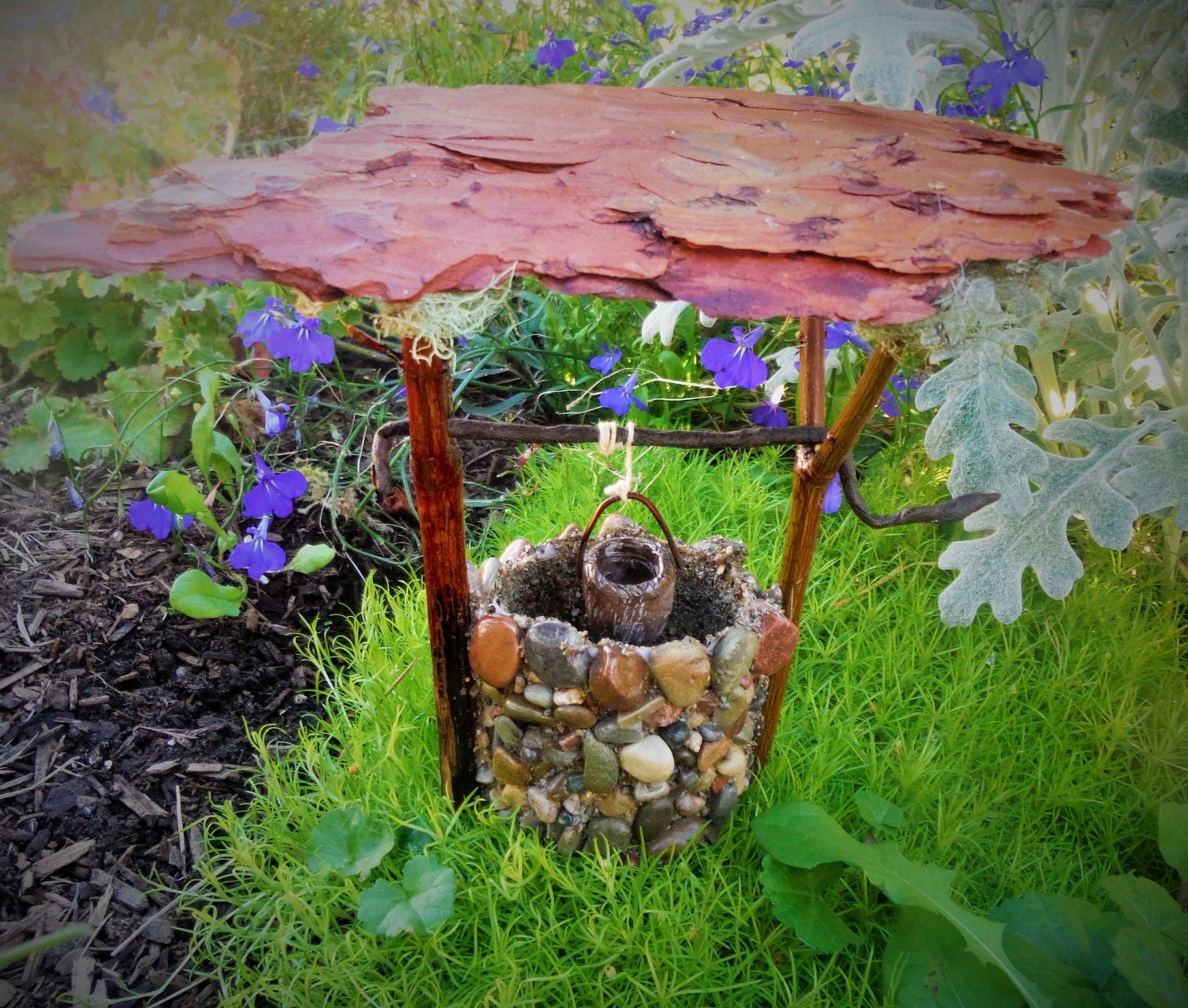 Fairy Gardens STONE WISHING WELL with Bucket Bark Roof for