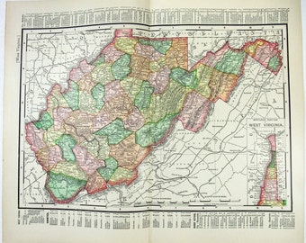 Vintage Original 1895 Map of West Virginia by Rand McNally