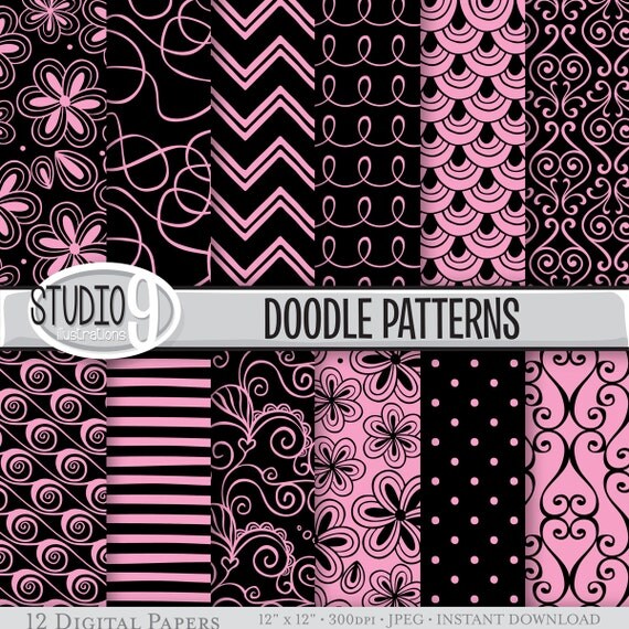 Download Pink & Black DOODLE PATTERNS Digital Paper 12 x 12