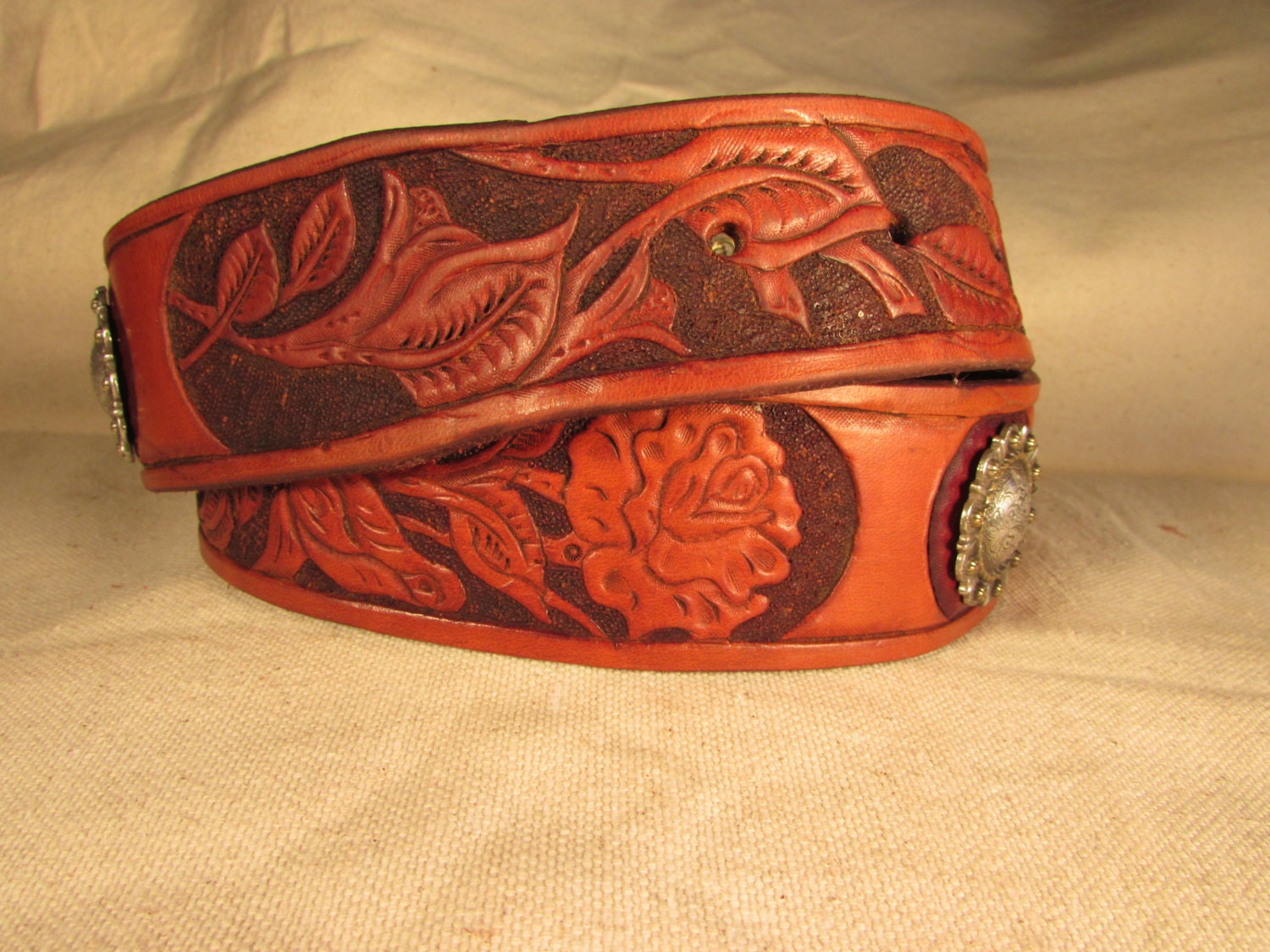 1.75 hand tooled leather belt with Rose Pattern and two