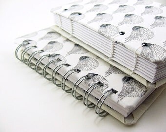 4 x 6 black and white bird fabric, coptic or spiral wire bound, notebook blank journal sketchbook - books & zines