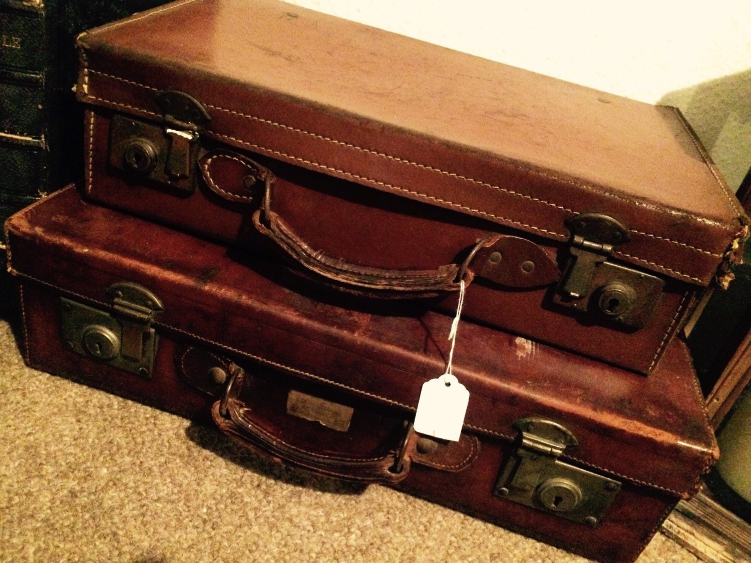 Stack of 2 (or 3) Genuine Vintage Leather Luggage Cases Haute Juice