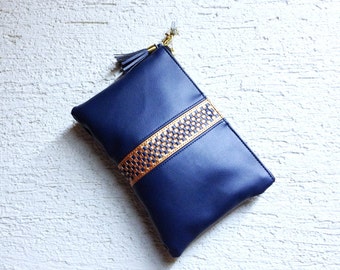 navy blue and gold clutch