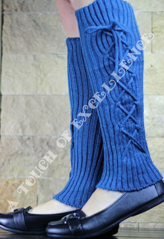 Leg Warmer Boot Cuffs Blue Winter Lace Up Leg Warmers