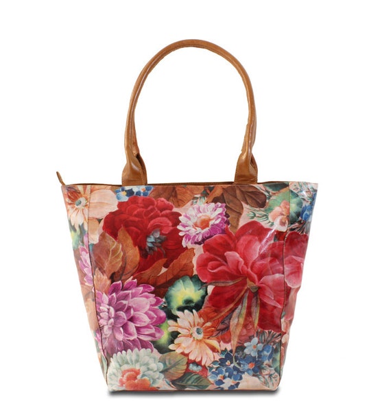 Leather Tote Bag in Floral Print Leather Handbags Floral