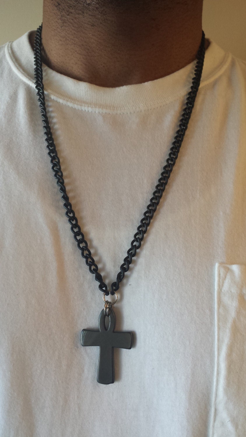 Mens Cross Pendant Necklace Hematite Cross Fathers Day Dad