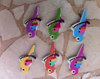 Colorful Wooden Parrot Buttons - Set of 6