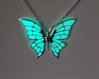 Aqua Butterfly Glowing Necklace, Glowing Jewelry, Glow in the Dark Pendant , Gifts for Her, Valentines, Girlfriend gift, Birthday Gift