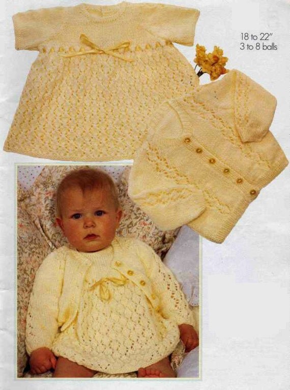 Vintage Knitting Pattern Baby Dress and Cardigan Sweater